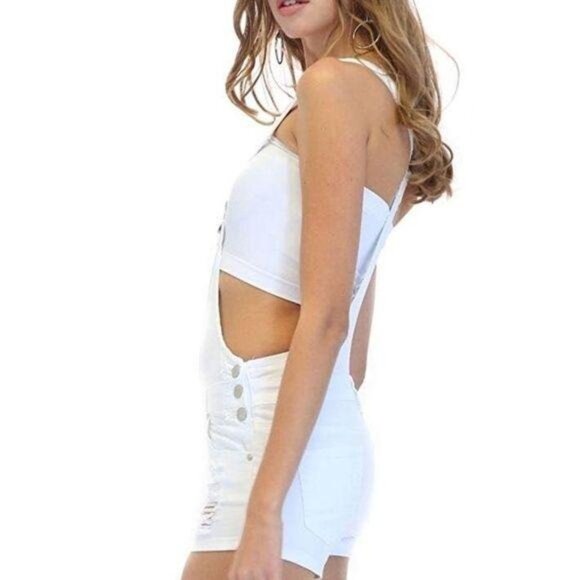 White Distressed Denim Overalls - Picture 4 of 4